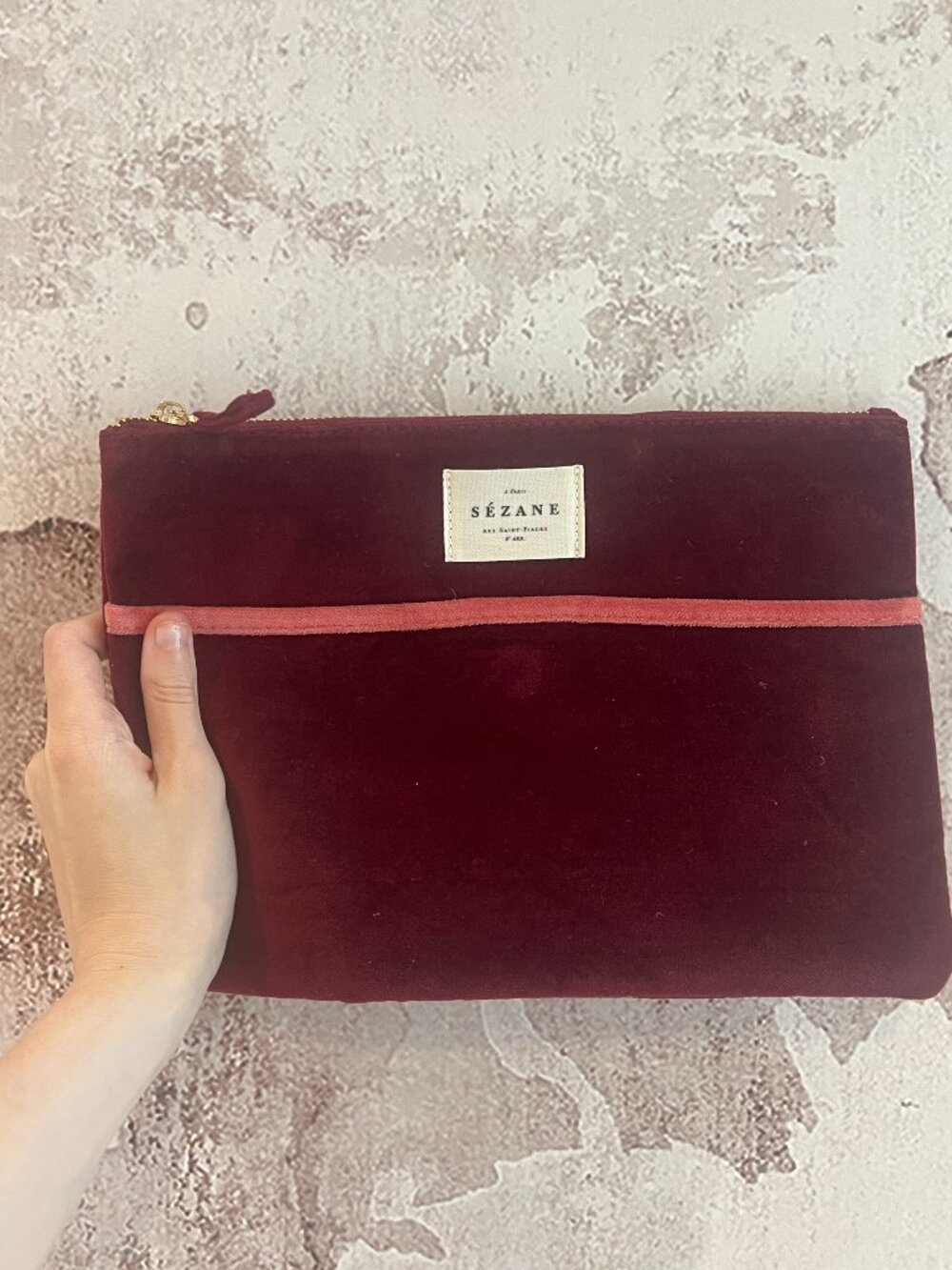 Sézane Velvet Zip Pouch/Clutch in Burgundy